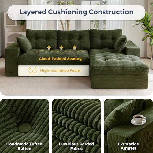 Image of MAXYOYO 104 inch L Shaped Modular Sectional Sofa with Ottoman, Cloud Boneless Couch with Layered Cushion, Upholstered Sofa Flexible Module Combination for Living Room, No Assembly, Dark Green