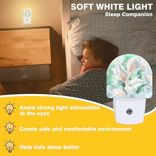 Image of Night Light, White Calla Lilies Bouquet with Butterfly Night Lights Plug into Wall Dusk to Dawn Sensor Round Nightlight for Women Men Energy Efficient Led Lamp 0.5W for Stairway Hallway Bedroom