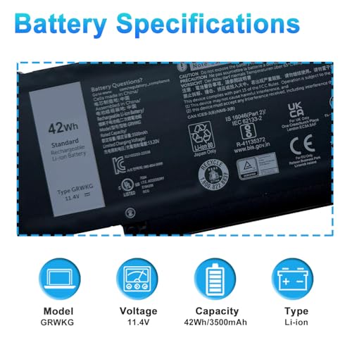 Image of GRWKG Laptop Battery for Dell Latitude 3340 3440 3540 5340 | for Dell Latitude 5340 2‑in‑1 Precision 3480 3490 P127F P127F001 P169G P181G P181G001 Series JTG7N V7TXF DR02P 11.4V 42Wh