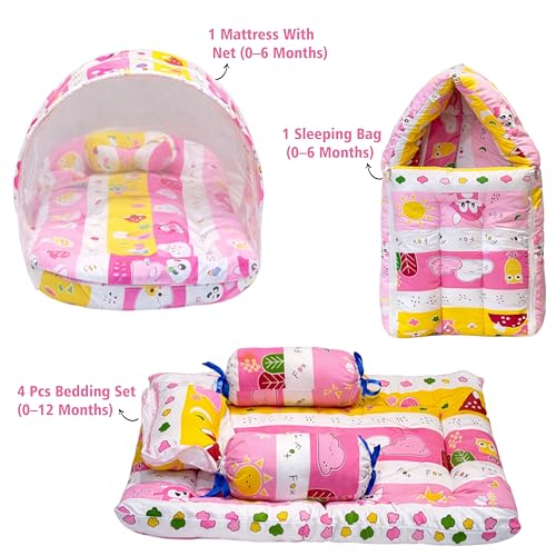 Image of Infantbond Designer Mattress with Net | Baby Sleeping Bag | Carry Bed (0-6 Months) (Pink Fox)