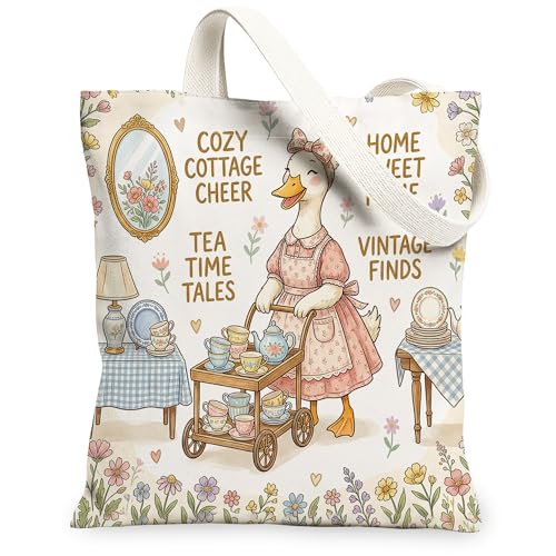 Vintage Floral Canvas Tote Bags, Cozy Cottage Style Reusable Grocery Bags, Spring Garden Lightweight Washable Shoulder Strap Canvas for Shopping Travel Picnic 13x15 Inch