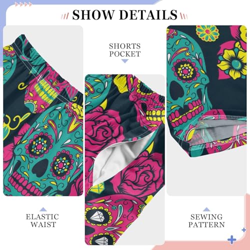 Mexican Skulls Floral Boys Long Pants Soft Trousers Elastic Waist Kids Lounge Bottoms with Pockets S-XL4