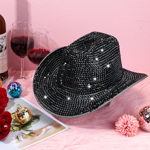 Image of Hercicy Rhinestone Cowboy Hat with Diamond Fringe CowHat for Cosplay Wedding circumference between 21.5 and 23.5 inches