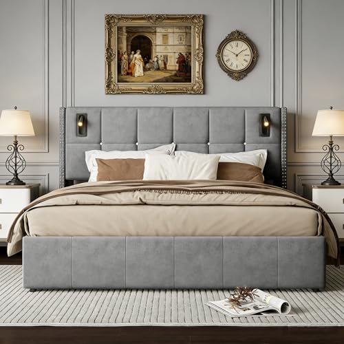 BRYXR Bett 140x200, Polsterbett Doppelbett mit Hydraulischem Stauraum, Jugendbett mit Leselampe, Boxspringbett Bettgestell mit Lattenrost, Moderner...