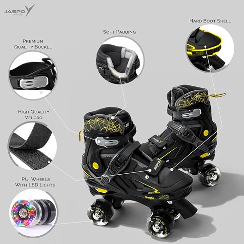 Image of Jaspo Scud X Trail Roller Skates Combo with Helmet and Knee, Elbow, Wrist Guard, Professional Outdoor Indoor Quad-Skates for Kids & Adults, Adjustable Roller Skates with 4 Shiny Wheels (Black, Large)