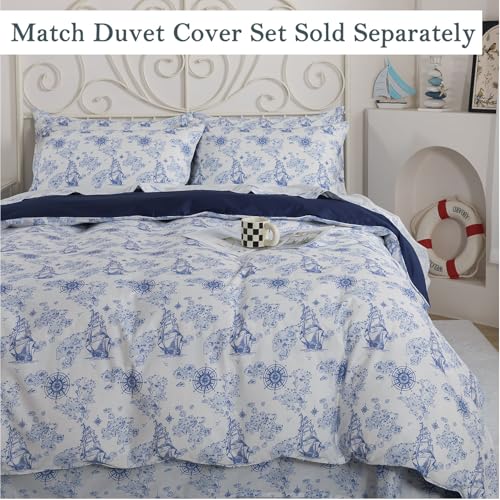 Image of FADFAY Premium 100% Cotton Nautical Sheet Set King - Coastal Blue & White Sailing Ship Bed Sheets, Vintage Maritime Map Print, Soft Breathable Deep Pocket Bedding, 4 Piece Set