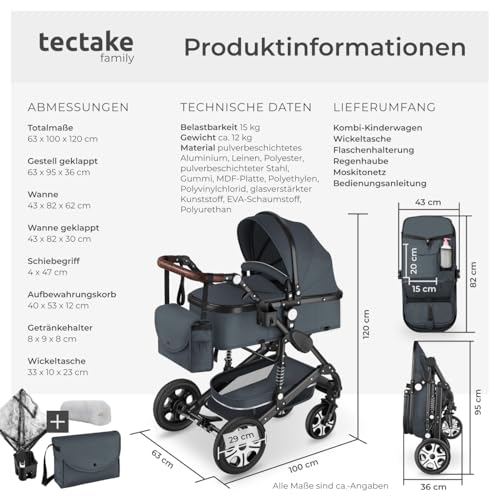 tectake® 2 in 1 Kinderwagen, klappbarer Kinderwagen Buggy mit Liegefunktion, mit Fußsack Buggy, Buggy mit Getränkehalter, herausnehmbarer Babywanne und Regenschutz - anthrazit