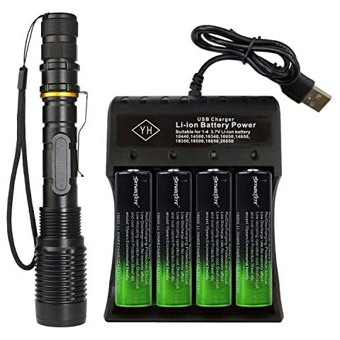 Bright Flashlight, Four-Slot Universal Battery Charger with Four Rechargeable Batteries, fit for 3.7V 18650 18500 17650 16340 14500 25500 22700 21700 Battery Charger Rechargeable Batteries for Camping Cover