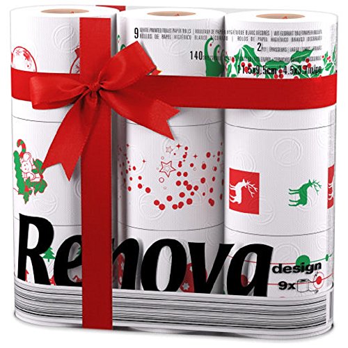 Renova Christmas Toilet Paper 9 Pack 3-Ply Soft & Absorbent Festive Holiday Rolls with Unique Xmas Prints Fun Decorative Bathroom Tissue 110 Sheets Per Roll Durable & Strong