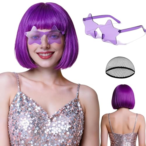 rookea Purple Bob Wig with Bangs Star Sunglasses for Women Funny Colorful Neon Bob Wigs Party Replacement Hair for Mardi Gras Birthday Bachelorette Halloween Costume Party Fancy Dress Cosplay