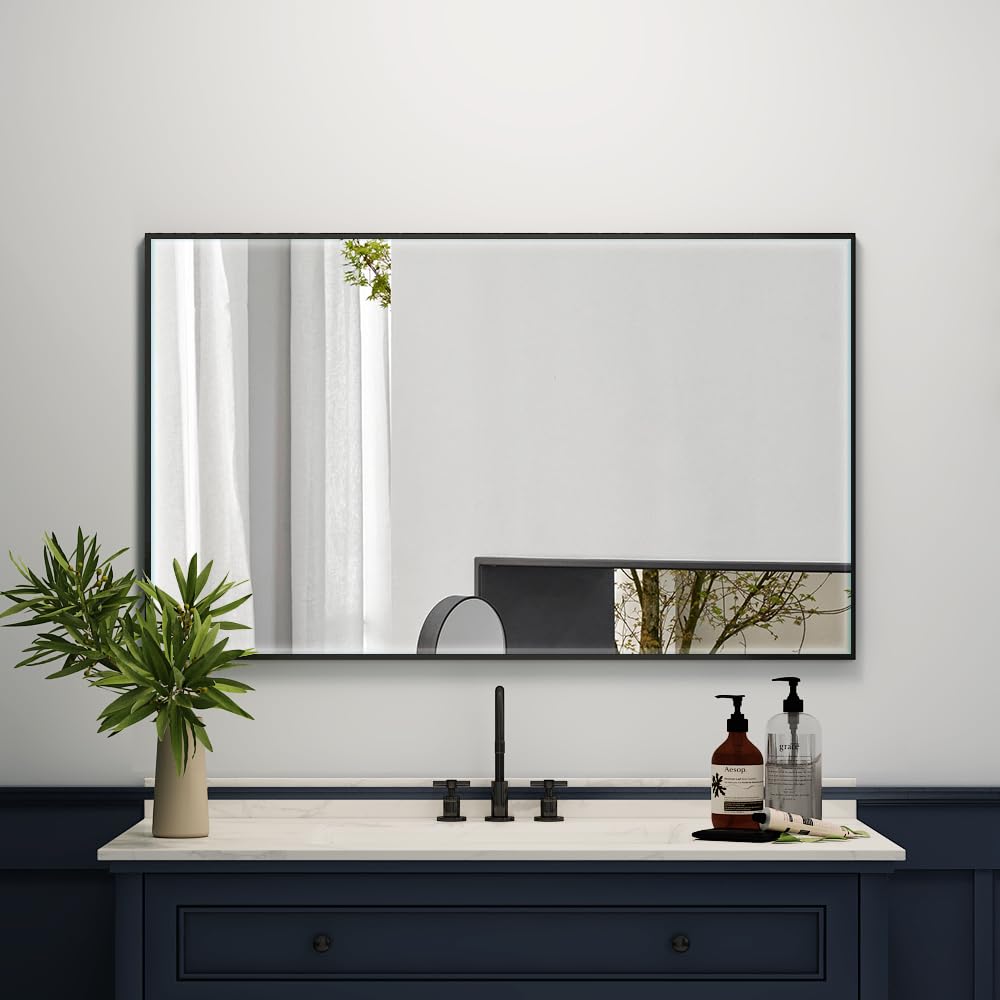 Black Bathroom Mirror with Aluminum Large Vanity Wall Mirror Hangs Horizontally or Vertically 40x24 Inch