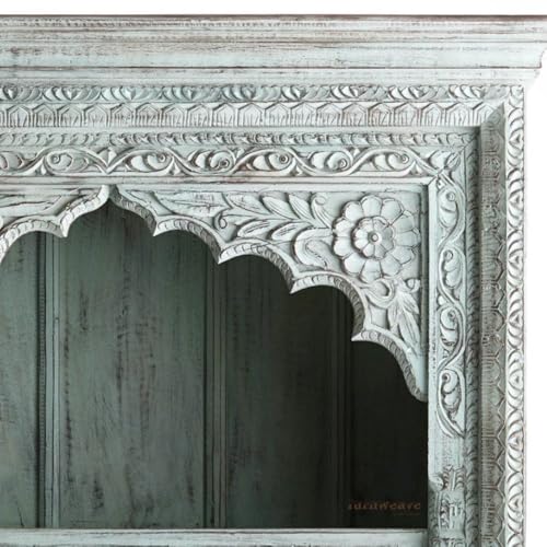 Image of Solid Wooden Book Shelf | Handcrafted Carved Display Unit Book Stand, Antique Wooden Book Shelves for Living Room, Office & Bedroom, Solid Wood Bookcase, Rustic Bookshelf, Light Turquoise