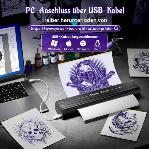 Yowell H1 Tattoo Drucker Bluetooth, Stencil Drucker, Tattoo Drucker mit 10 Blatt Transferpapier, Tattoo Stencil Drucker für Smartphone & PC, Thermodrucker Tattoo für Tattoo Künstler und Anfänger