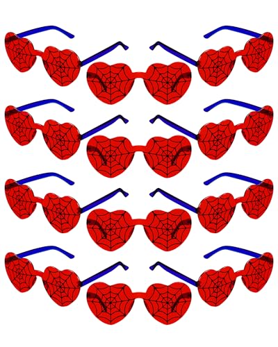 Kingdder 12 Pcs Spiderweb Glasses Red Blue Heart Eyeglasses for Spider Theme Birthday Party Favors Classroom Reward Gifts, 5.51 x 5.59 Inches