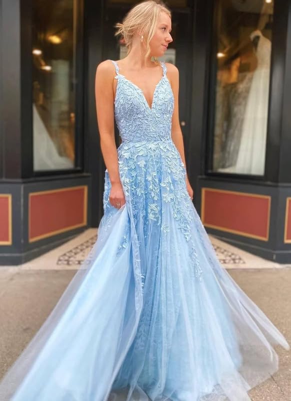 Lace Appliques Prom Dresses Tulle Long Ball Gowns Spaghetti Strap A-line V Neck Formal Dress for Women2