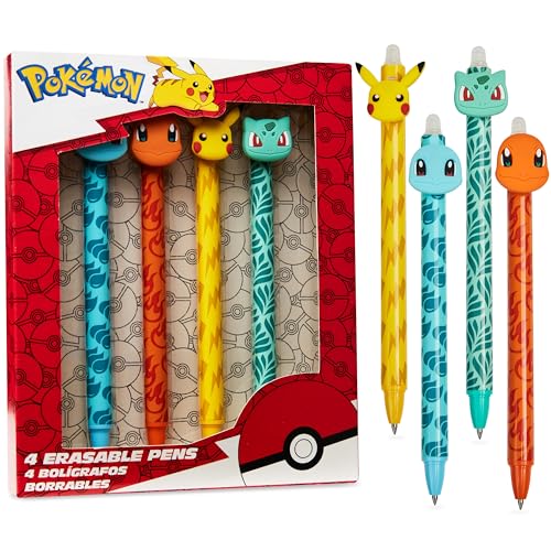 Pokémon Set de 4 Stylos Effaçables Pikachu, Fournitures Scolaires Cute Kit, Papeterie Kawaii, Stylo bille à Encre bleue, Idee Cadeau Enfant Anime (Multi...
