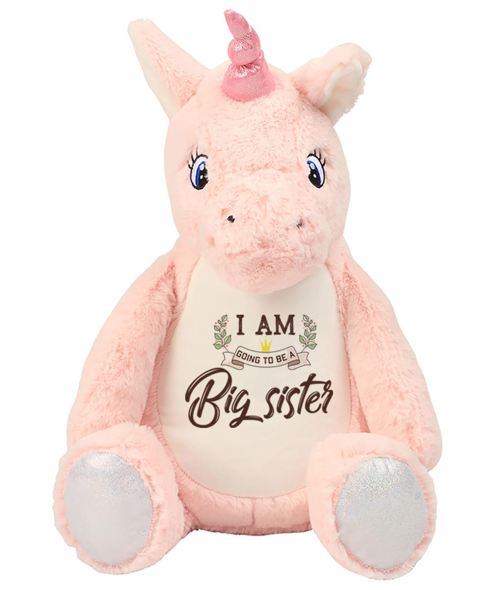 Big Sister Teddy Bear Gift – “I Am Going To Be A Big Sister” Printed Soft Toy | Cute Pregnancy Announcement Gift for Kids Girl | Baby Reveal Plush Toy | Soft Toys Teddy. (Unicorn Pink)
