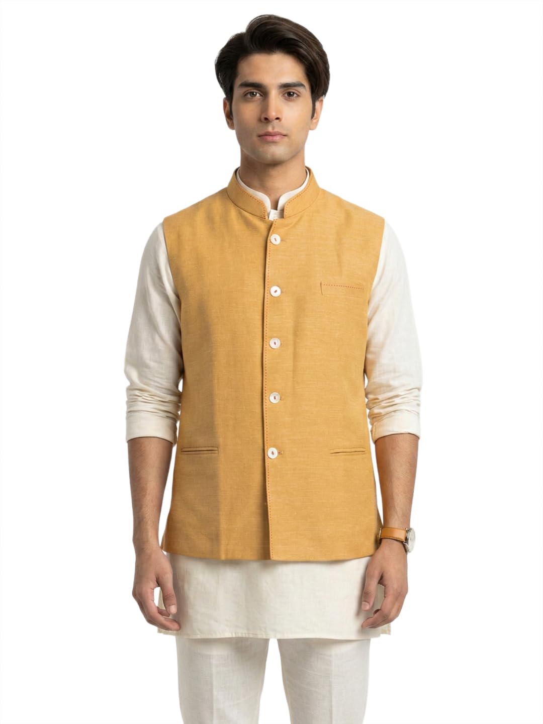 sanman ethnix by raymond Men Regular Fit Silk look, Solid Pattern Cotton Polyester Blend Mandarin Collar Sleeveless Festive Bundi-picture-47