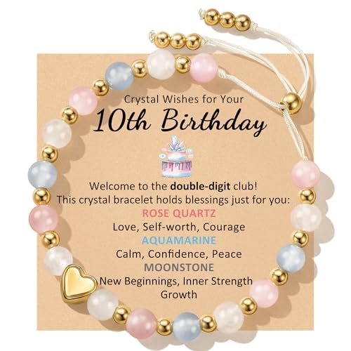 Sereney 10 Year Old Girl Gifts, Healing Crystal Bracelet Cuff as Birthday Gifts for 10 Year Old Girl, Adjustable 10th Birthday Bracelet for Daughter Granddaughter Niece Goddaughter Sister