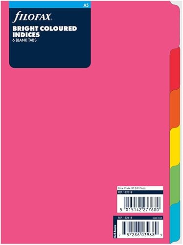 Filofax B1326186, recambio organizador de índice de 6 pestañas, tamaño A5, colores brillantes, en blanco (B132618)