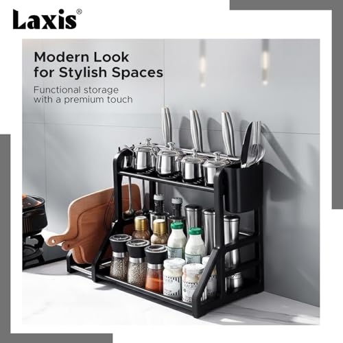 Image of LAXIS 2-tier Spice Rack Kitchen Organizers And Storage Multipurpose Kitchen Decor & Kitchen Storage Rack Kitchen Organizer With Hanging Hooks Countertop Organiser Utensil Stand and organizer rack