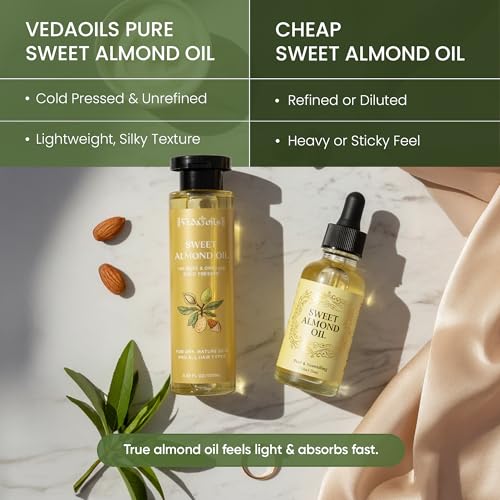 Image of VedaOils Sweet Almond Oil for Hair Growth 100ml | 100% Pure & Natural Cold Pressed Oil for Hair, Skin Care, Face & Body Moisturizer | Essential Oil
