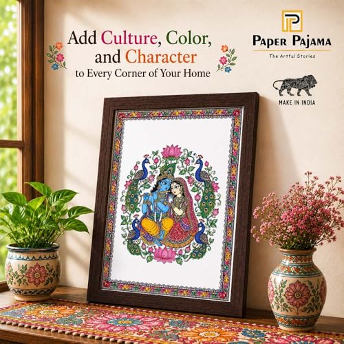 Image of PAPER PAJAMA Radha Krishna Wall Art for Living Room | Madhubani Love & Devotion Painting | Traditional Mithila Folk Art Framed Decor for Home, Bedroom & Office (10x13 Inches)