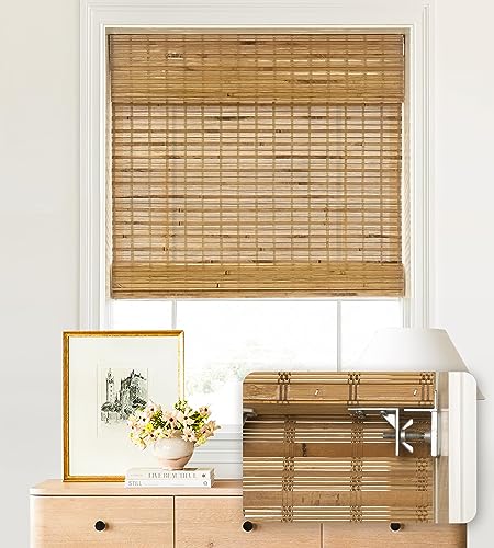 Image of LazBlinds No Tools No Drill Cordless Bamboo Roman Shades, Light Filtering Window Treatment, Roll Up Bamboo Blinds for Windows 37'' W x 64'' H, Dali Native