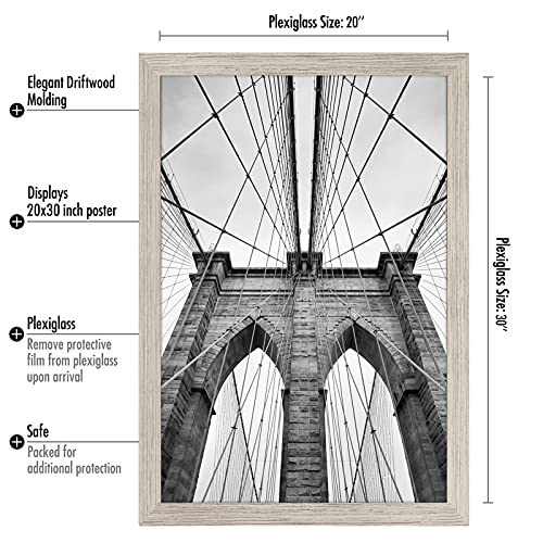 Americanflat 20x30 Poster Frame with Polished Plexiglass - Wide Picture Frames Made of Engineered Wood for Vertical or Horizontal Wall Display - Epic Collection - Driftwood