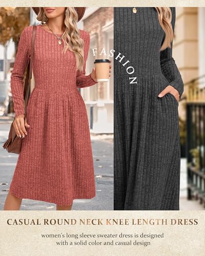 Riyiper 2 Pack Women's Long Sleeve Sweater Dress Ribbed Pleated Casual Round Neck Knee Length Dress with Pocket2