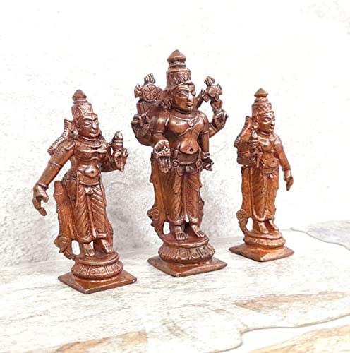 Image of Copper Idols of god Srinivasa Perumal with Sridevi and Bhudevi, 7.3 cm, 200 g, Patina Antique Finish, Pack of 1 Piece