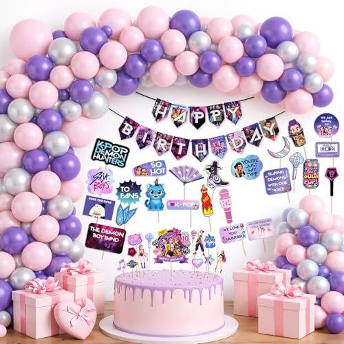 Image of Party Propz Kpop Theme Happy Birthday Decoration Kit - 128 Pcs, Birthday Decoration Items with K pop Deemon Hunters Birthday Props and Cake Toppers, Kpop Bday Banner for Boys & Girls (Cardstock)