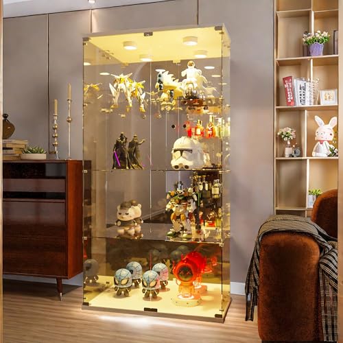 Julyue Vitrina de cristal de 4 capas, moderna vitrina de cristal con cerradura y 2 puertas, luz LED, vitrina de cristal coleccionable, vitrina de cristal para libros, vino (blanco, con luz LED)