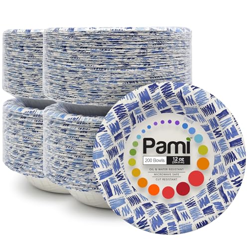 PAMI Blue Paper Bowls 12 Oz Pack of 200, Heavy Duty Disposable Microwave Safe Oil Water Cut Resistant Paper Plates and Bowls