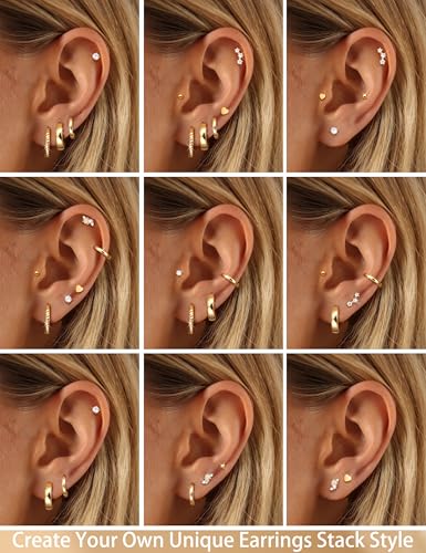 CASSIECA Small Gold Hoop Stud Earrings for Women - Hypoallergenic 14K Gold Cartilage Earring Stack Set Surgical Stud Earrings Dainty Hoop Earring Sets for Multiple Piercing 20G 6