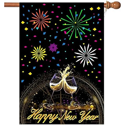 New Years Flag,Happy New Year Garden Flag 28 x 40 Inch Double Sided Fireworks Wine Glass Clock Happy New Year House Flag for New Year Greettings or Decoration with 2 Grommets Cover