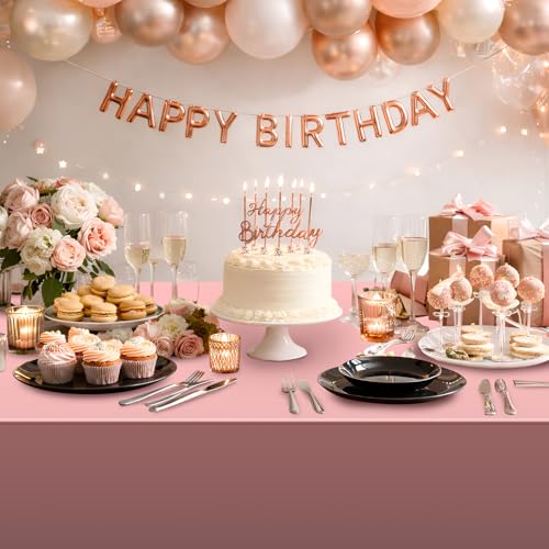 Image of 3 Pack Rose Gold Plastic Tablecloth, Dusty Pink Disposable Rectangle Table Covers, Holographic Metallic Foil Tablecloth Rose Party Supplies Decorations for Birthday Wedding Bachelorette, 54x108Inch