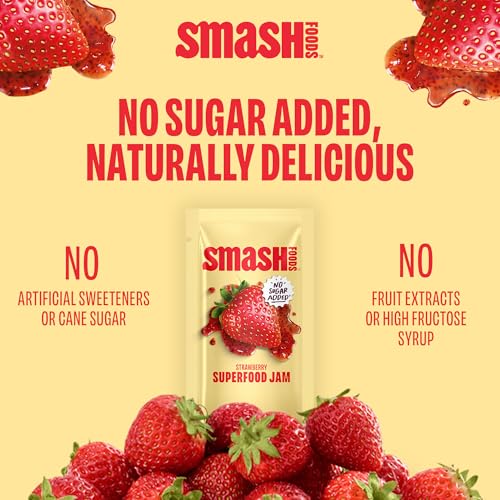 Image of Smash Foods Strawberry Jam Squeeze Packets | 10 Single Serve | Natural, Keto & No Sugar Added | Vegan & Upcycled Fruit Spread | Low-Calorie, Superfood Snack