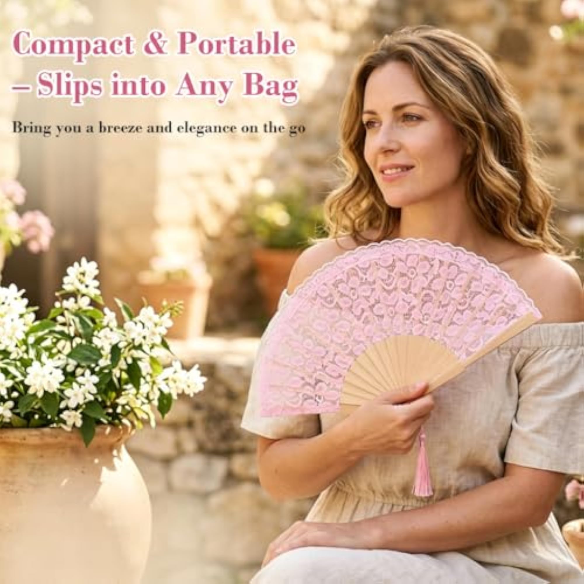 Lace Hand Fan Foldable with Wooden Frame and Tassel