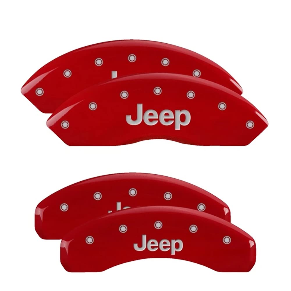 MGP Brake Caliper Covers for Jeep Wrangler 2007-2018/ Jeep Liberty 2008-2012 with Red Powder Coat Finish Engraved Silver Jeep Logo, Front and Rear
