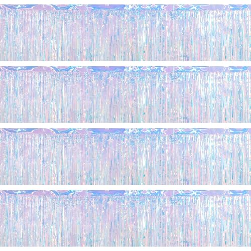 JHZMCRX 4 Packs Foil Fringe Garland Tinsel Streamers Shiny Wall Hanging Birthday Banner Backdrop for Graduation Wedding Anniversary Celebration Happy Birthday Party Decorations Iridescent
