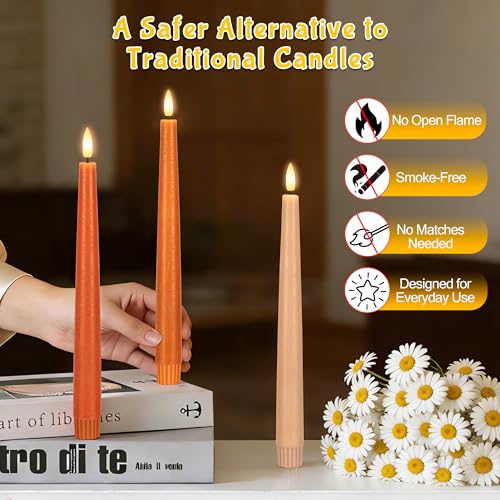 Image of Flameless Taper Candles with Remote, 9.6 inch Battery Operated Flickering LED Candlesticks, Real Wax Warm Earth Tone Taper Candles for Wedding Centerpieces, Dinner Table, Mantel, Window, 3 Pack