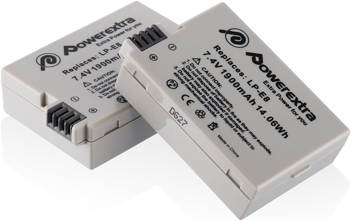 Powerextra LP E8 2 Pack 7.4V 1900mAh Li-ion Compatible with Canon LP-E8 Battery for CA Rebel T3i, T2i, T4i, T5i, 600D, 550D, 650D, 700D, Kiss X5, X4, Kiss X6, LC-E8E
