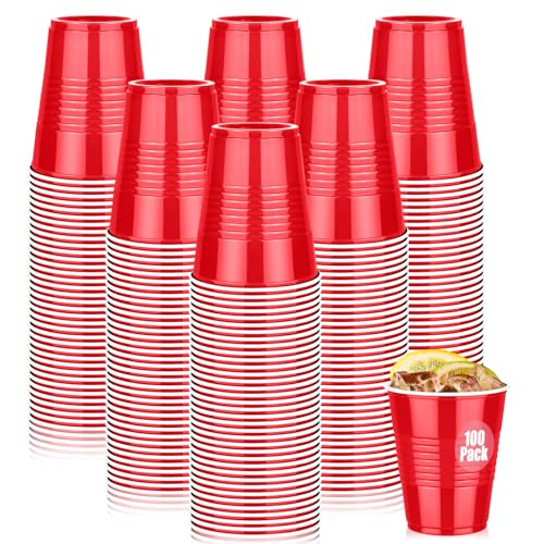 Dualshine 100 Pack Red Plastic Cups 12 oz Disposable Cups for Party Heavy Duty Drinking Cup Christmas Shot Cups for Wedding Birthday Beer Taste Serving Snack Sample Tastings Barbecues