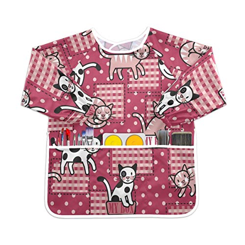 かわいい赤猫幼児用キッズスモック子供用防水エプロンアートペインティングスモックよだれかけ3ポケット付き