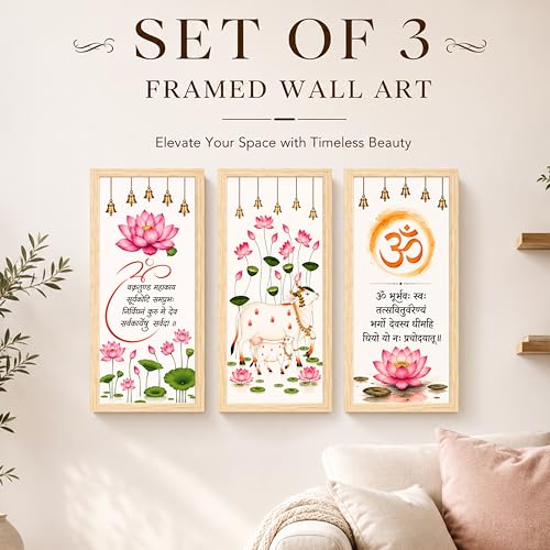 Image of Pichwai Wall Art Painting With Mantra Set of 3 Framed Posters for Living Room, cow & Lotus Painting, Vastu Wall Art Home Decor for Livingroom, Bedroom, Hallways, Office, Hotel (Size-24x48 cm)