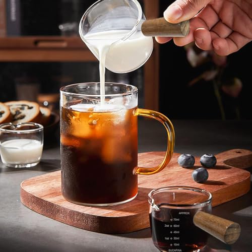 Image of Supvox Double Espresso Cup 75ml Heat Resistant Measurement Cup with Wooden Handle High Boron Glass Espresso Shot Glass with Easy Pour Spout for Home and Cafe