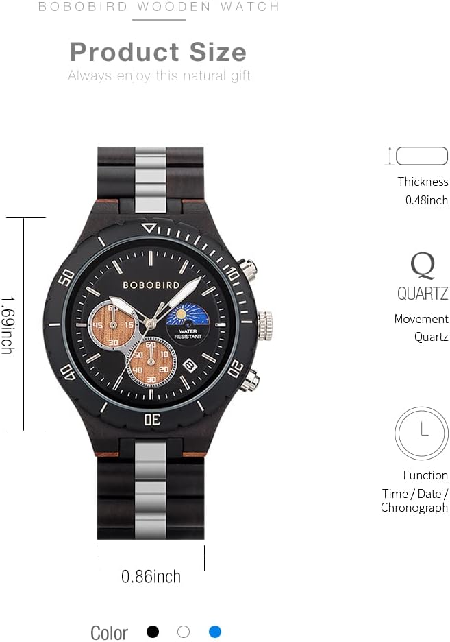 BOBO BIRD Mens Quartz Wooden Watches Stainless Steel Red Sandalwood Alloy Wood Watch for Male Classic Function Wristwatch Chronograph Luminous Hands Day and Night Date Display - Image 9