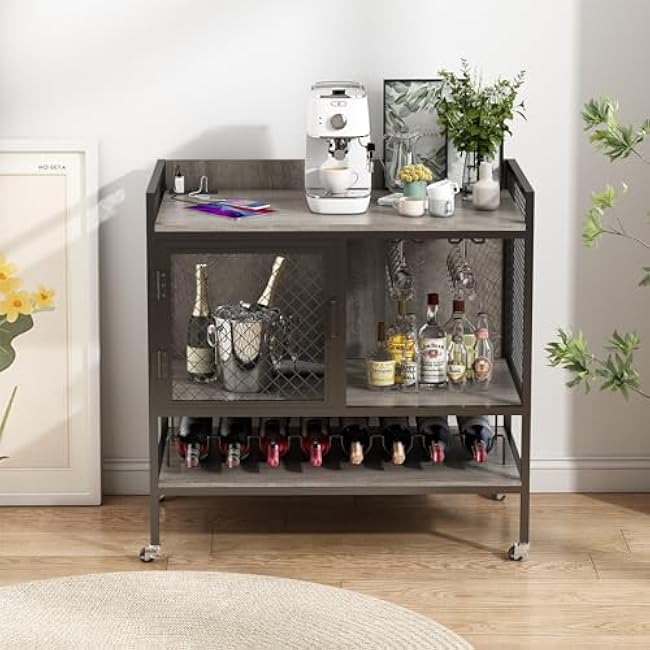 Wine Bar Cabinet with Power Outlets and Wheels, Liquor Sideboard with Mesh Door, Buffet Cabinet with Wine Racks & Glass Holder, for Home, Grey-AywEsG16