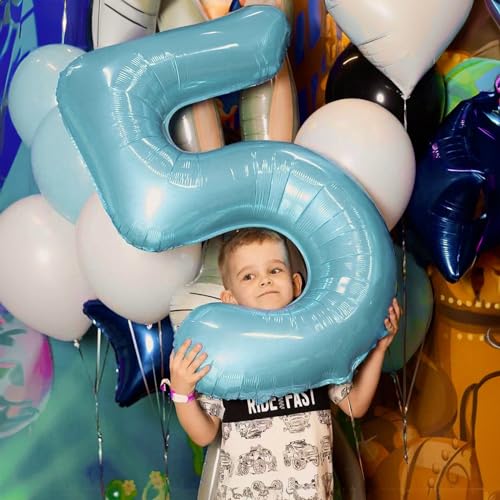 Image of 4 Balloons Number, 40 Inch Large Light Blue Number 4 Balloon, Baby Blue Foil Self Inflating Helium for Boys Kids 40th 15th Age Birthday Party Decorations Anniversary Party Decoration Supplies